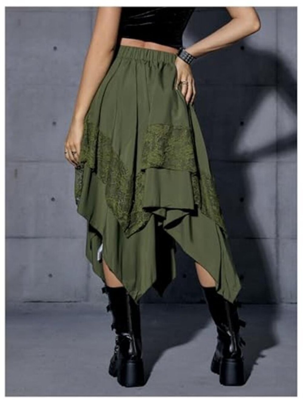 Olive Green Renaissance Fairycore Lace Handkerchief Hem Midi Skirt - Picture 2 of 6